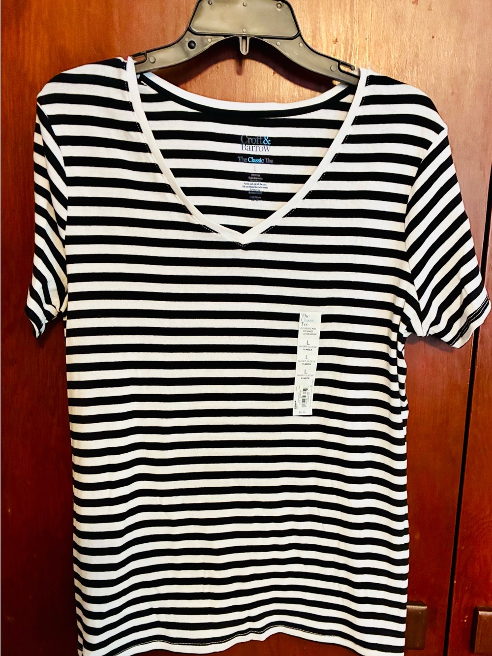 croft & barrow Black and White Striped V-Neck Tee
